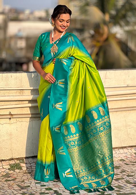 Green Woven Silk Blend Saree Set