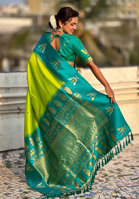 Green Woven Silk Blend Saree Set