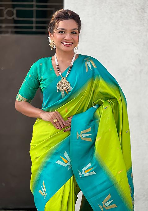 Green Woven Silk Blend Saree Set
