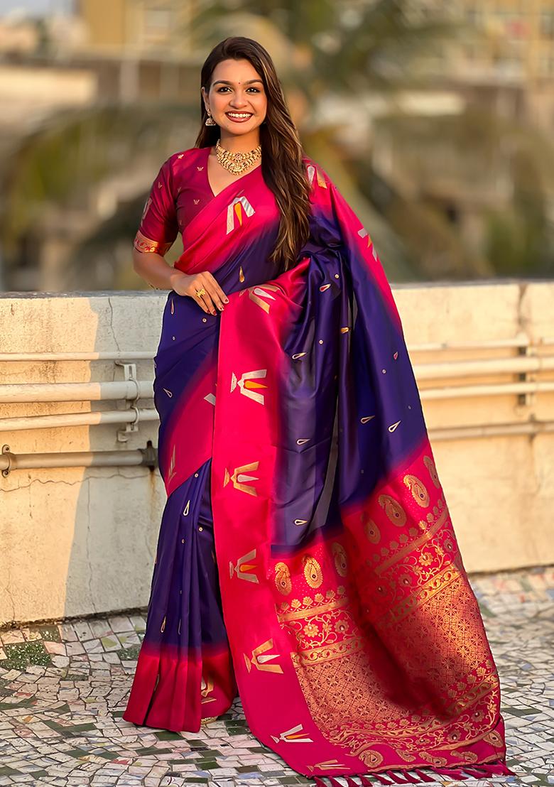 Blue Woven Silk Blend Saree Set