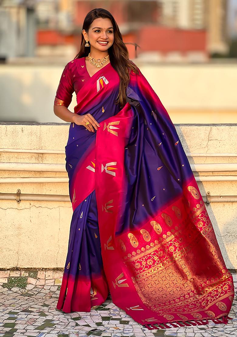 Blue Woven Silk Blend Saree Set