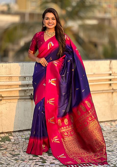 Blue Woven Silk Blend Saree Set