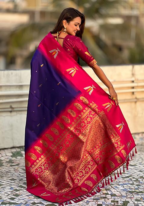 Blue Woven Silk Blend Saree Set