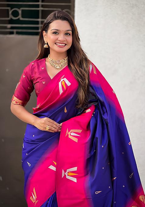 Blue Woven Silk Blend Saree Set