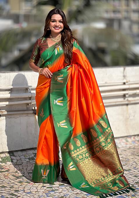 Orange Woven Silk Blend Saree Set