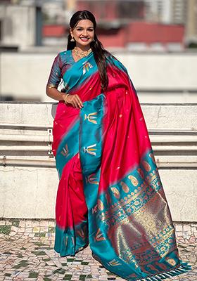 Red Woven Silk Blend Saree Set