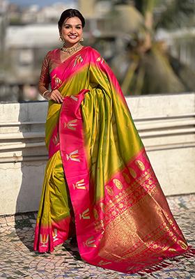 Green Woven Silk Blend Saree Set