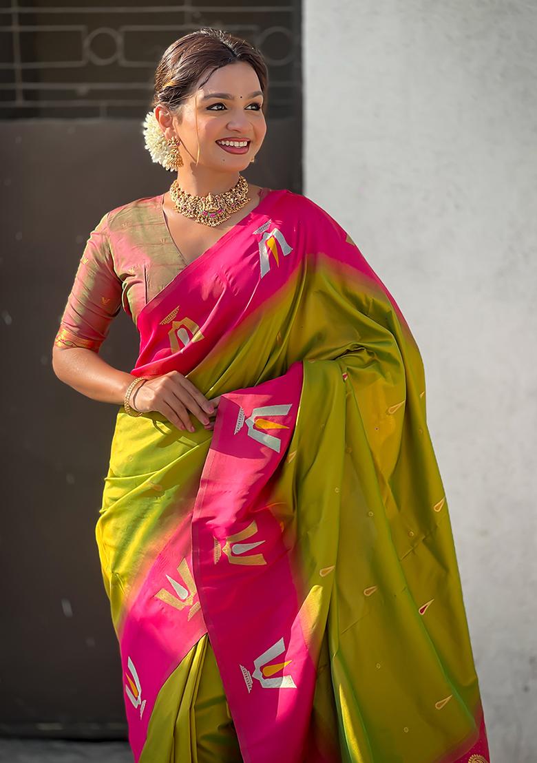 Green Woven Silk Blend Saree Set