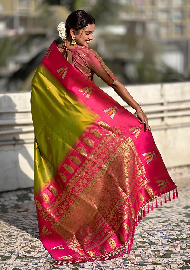 Green Woven Silk Blend Saree Set - Indya