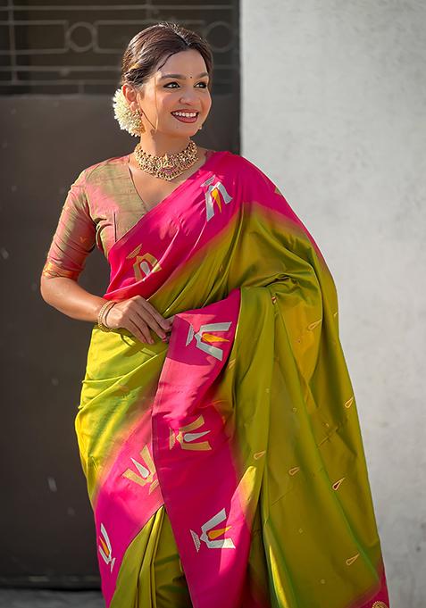 Green Woven Silk Blend Saree Set