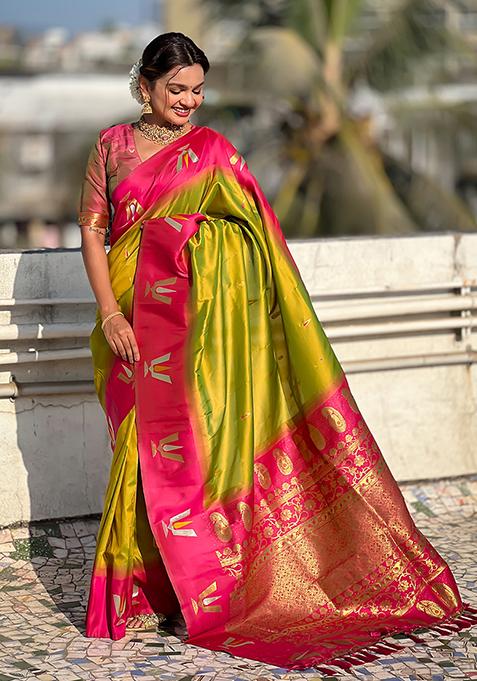 Green Woven Silk Blend Saree Set