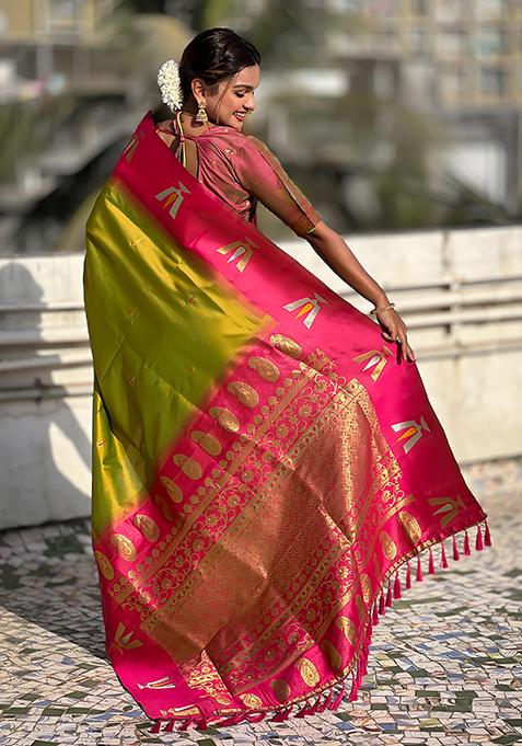 Green Woven Silk Blend Saree Set