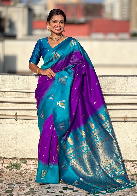 Lavender Woven Silk Blend Saree Set