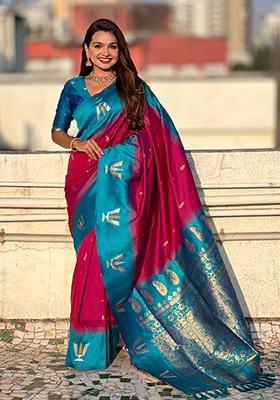 Pink Woven Silk Blend Saree Set