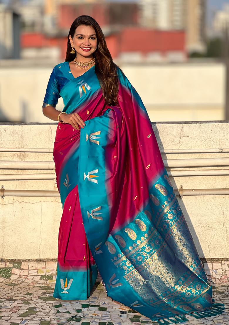 Pink Woven Silk Blend Saree Set