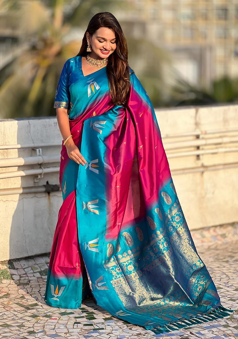 Pink Woven Silk Blend Saree Set