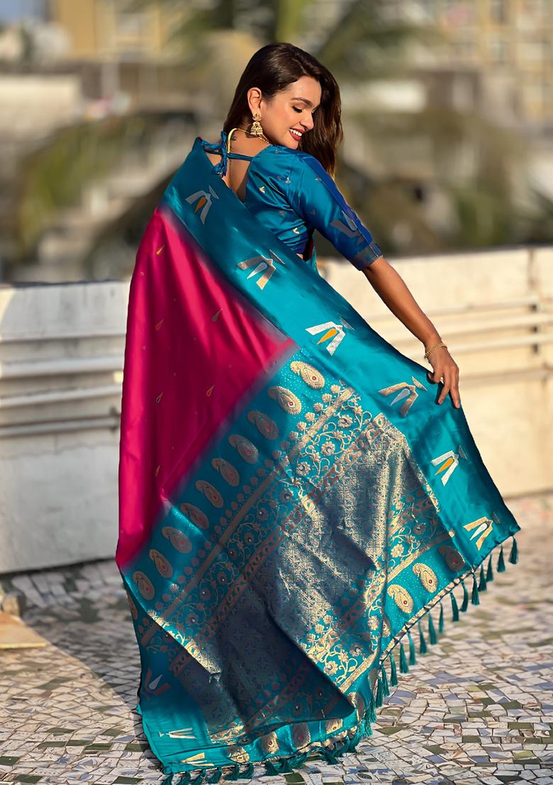 Pink Woven Silk Blend Saree Set