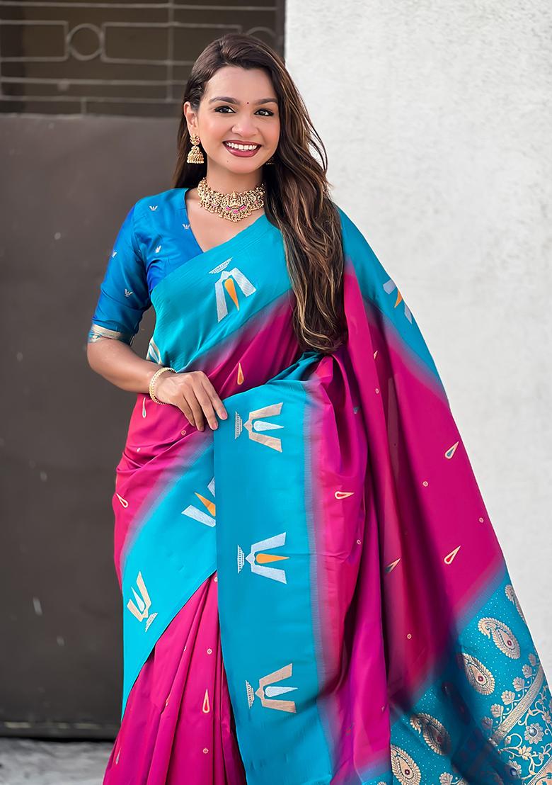 Pink Woven Silk Blend Saree Set
