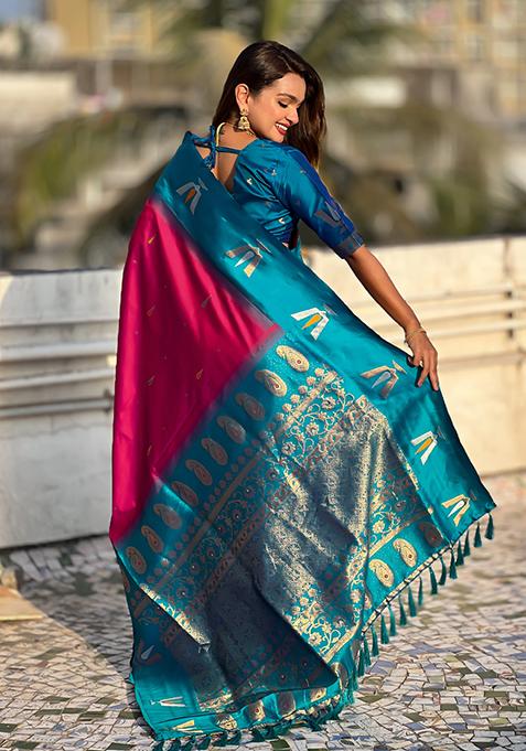 Pink Woven Silk Blend Saree Set