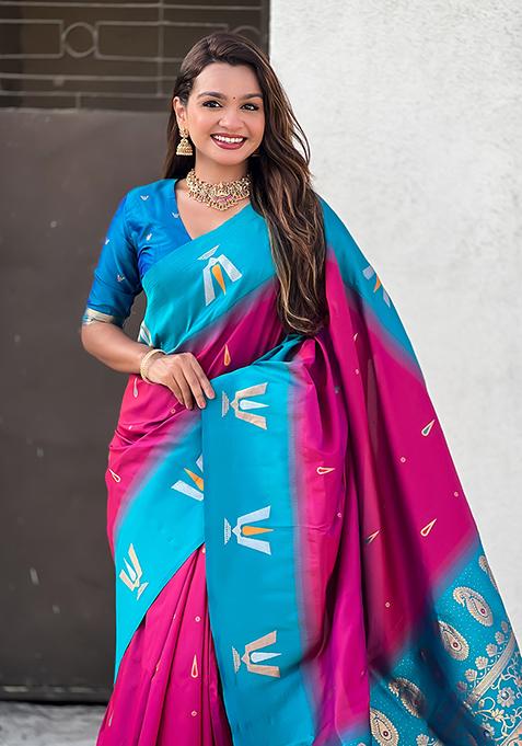 Pink Woven Silk Blend Saree Set
