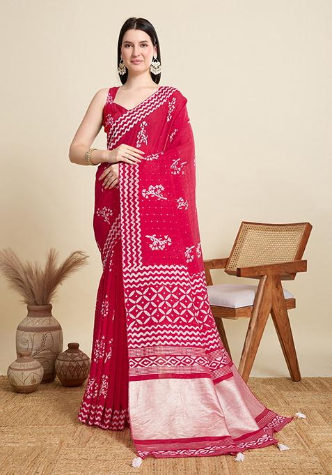 Pink Printed Blended Cotton Saree Set
