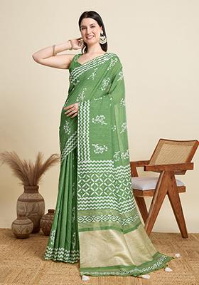 Green Printed Blended Cotton Saree Set