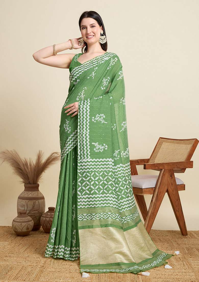 Green Printed Blended Cotton Saree Set - Indya