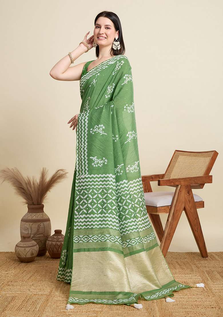 Green Printed Blended Cotton Saree Set - Indya