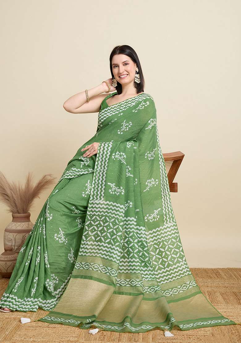 Green Printed Blended Cotton Saree Set - Indya