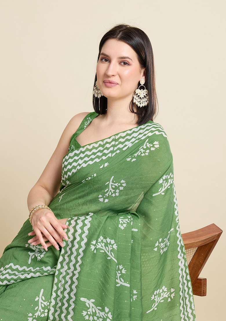 Green Printed Blended Cotton Saree Set - Indya