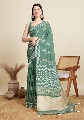 Grey Printed Blended Cotton Saree Set