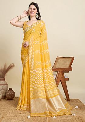 Yellow Printed Blended Cotton Saree Set