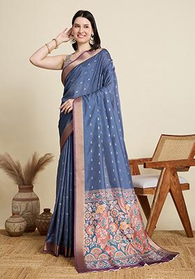 Blue Woven Blended Cotton Saree Set