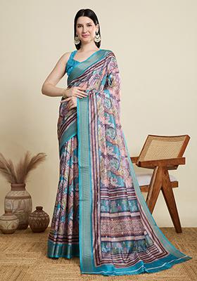 Teal Blue Woven Blended Cotton Saree Set
