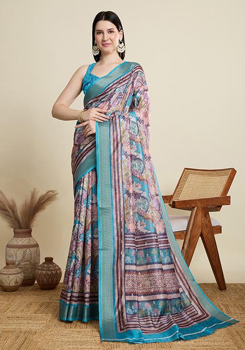Teal Blue Woven Blended Cotton Saree Set
