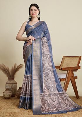 Grey Woven Blended Cotton Saree Set