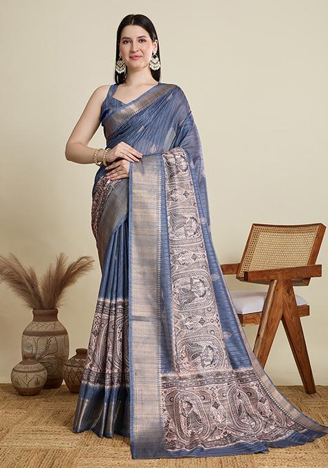Grey Woven Blended Cotton Saree Set