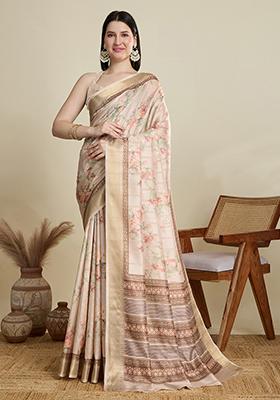 Off White Woven Blended Cotton Saree Set