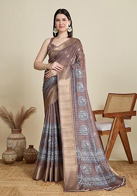 Purple Woven Blended Cotton Saree Set