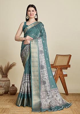 Green Woven Blended Cotton Saree Set