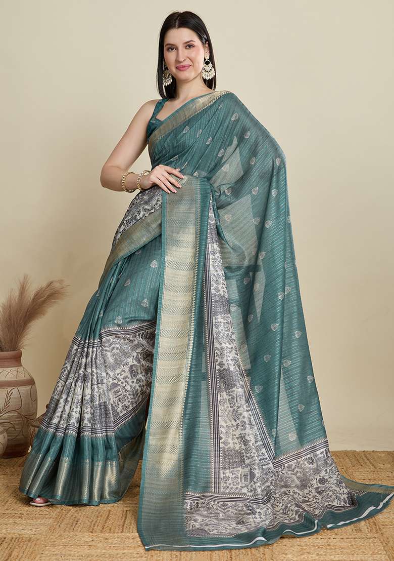 Green Woven Blended Cotton Saree Set for Diwali and Festive Wear - Indya