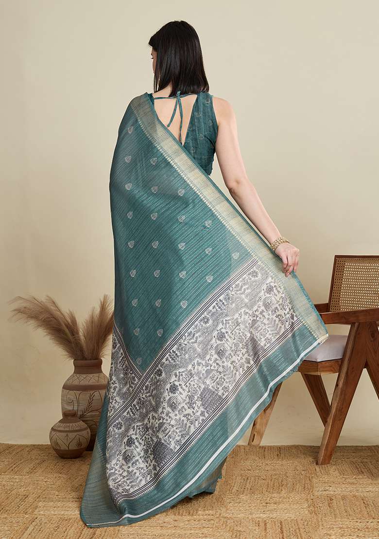 Green Woven Blended Cotton Saree Set for Diwali and Festive Wear - Indya