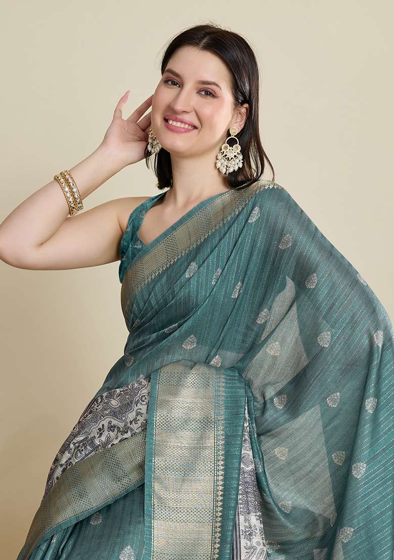 Green Woven Blended Cotton Saree Set for Diwali and Festive Wear - Indya