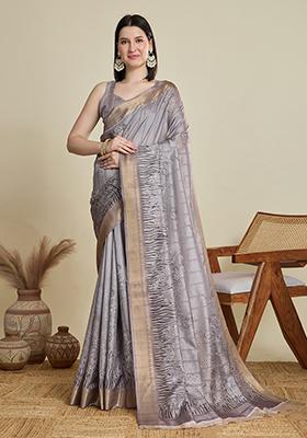 Grey Woven Blended Cotton Saree Set