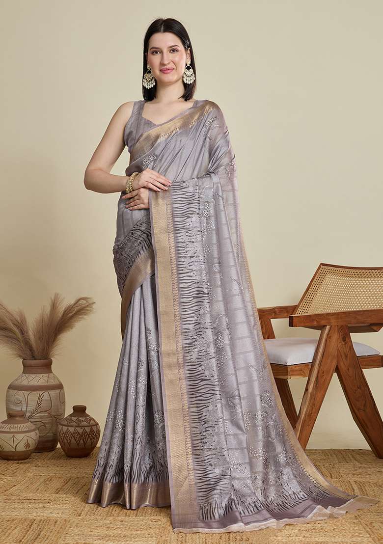 Grey Woven Blended Cotton Saree Set for Diwali and Festive Wear - Indya