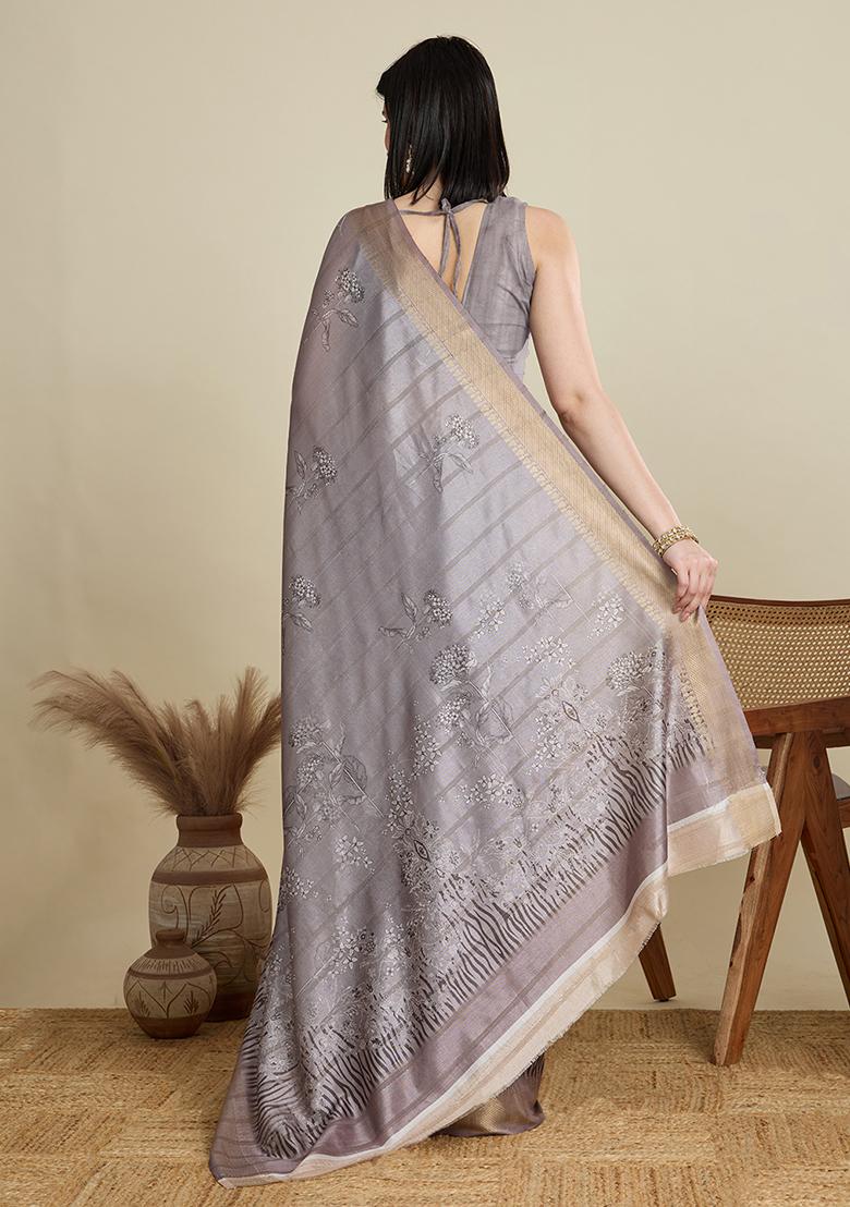 Grey Woven Blended Cotton Saree Set - Indya