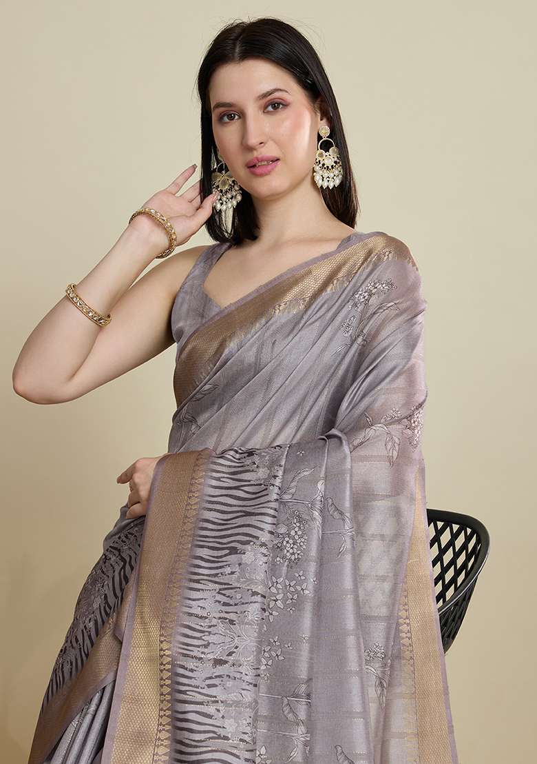 Grey Woven Blended Cotton Saree Set for Diwali and Festive Wear - Indya