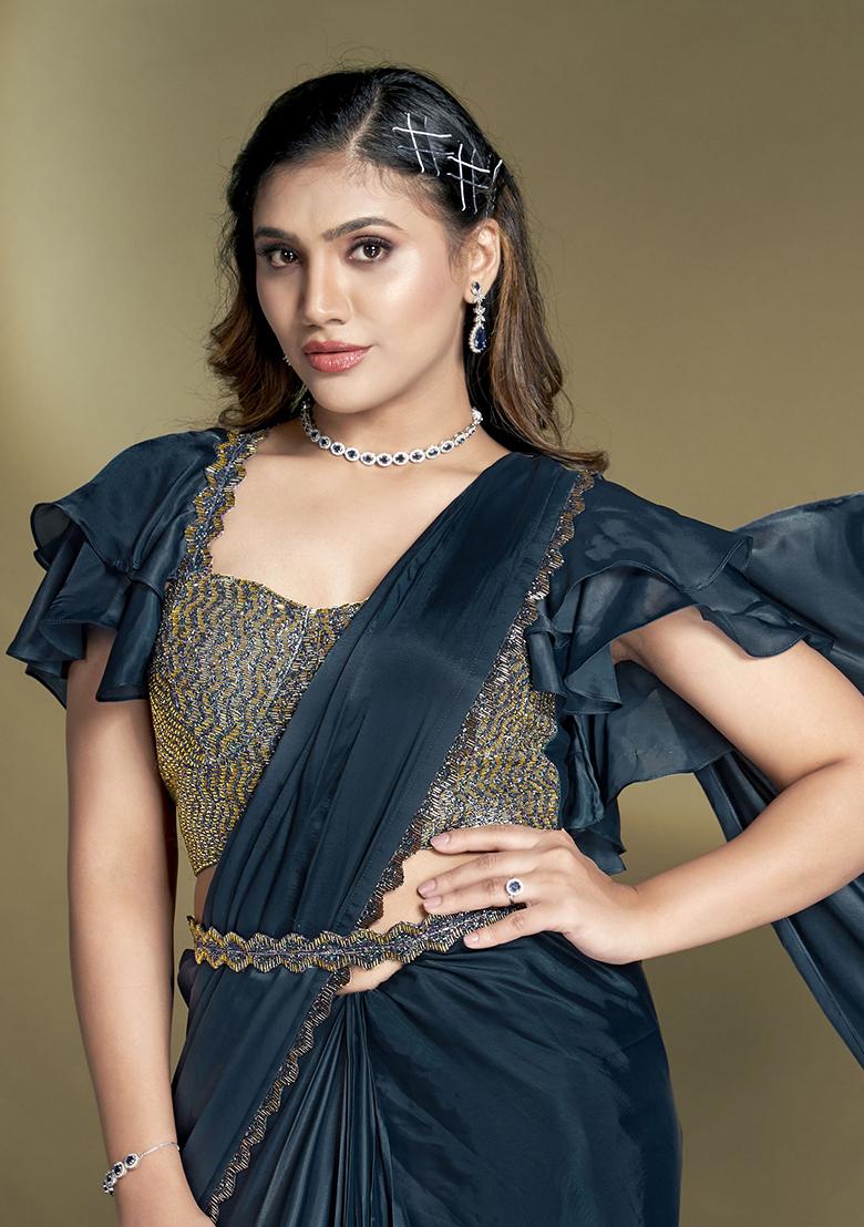 Teal Blue Embroidered Satin Saree Set