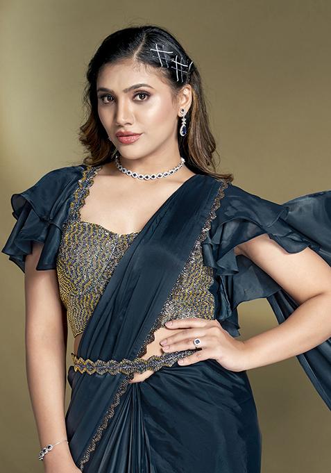 Teal Blue Embroidered Satin Saree Set