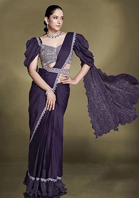 Purple Embroidered Satin Saree Set